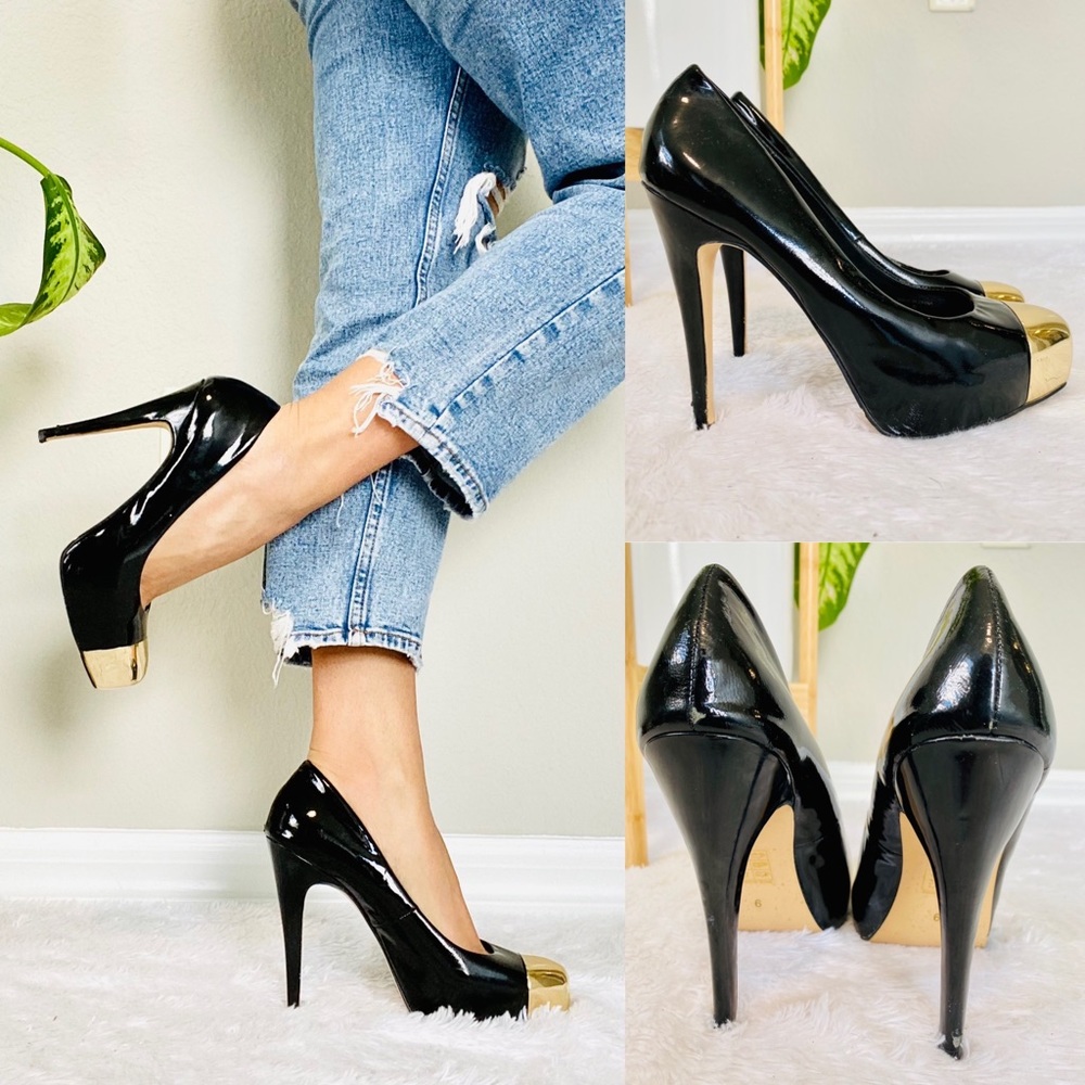 DV by Dolce Vita Black Patent Leather High Heels with Gold Toe Cap
